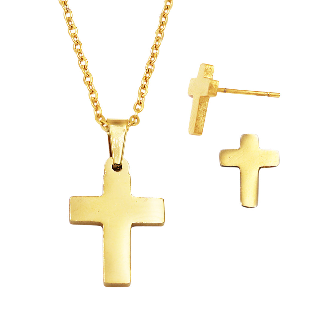 Gold cross necklace and earring deals set