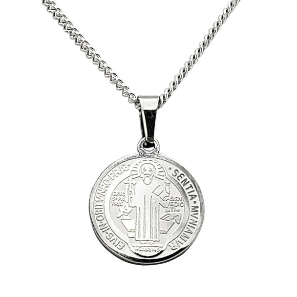 Stainless Steel Saint Benedict Double Sided Medallion Pendant Necklace on Curb Chain, 18