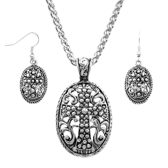 Vintage Style Burnished Silver Tone Textured Cross Pendant Necklace Earring Set, 18