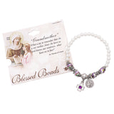Women's Faux Pearl and Decorative Glass Accent Beads Stretch Bracelet with Saint Anne and Cross Charms