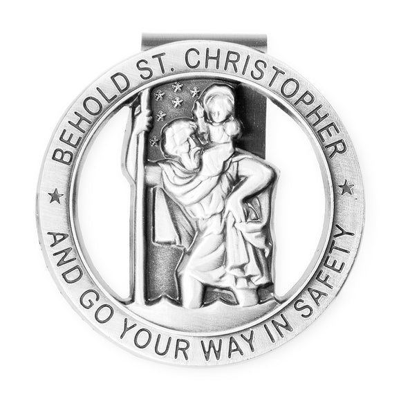 Hand Engraved Religious St Christopher Medal Go Your Way in Safety (Auto Visor Clip Silver Tone)