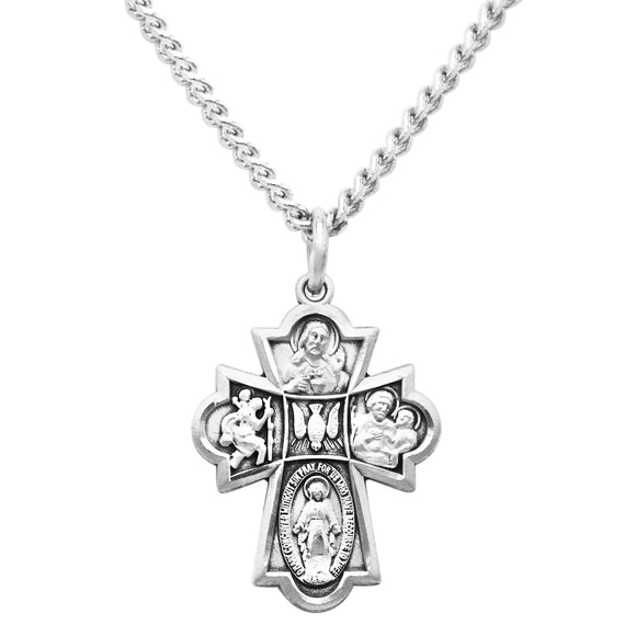 Sterling Silver Small Four Way Cross Confirmation Medal Pendant Necklace, 18