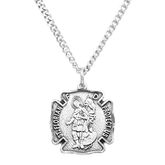 Sterling Silver St Florian Patron Saint of Firefighters Medal Pendant Necklace, 20