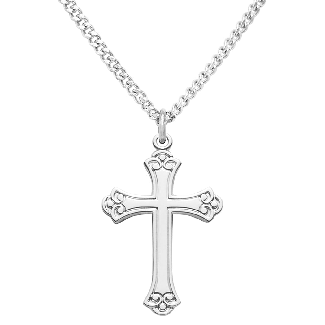 Sleek Sterling Silver Medium Fancy Cross Pendant Necklace, 18