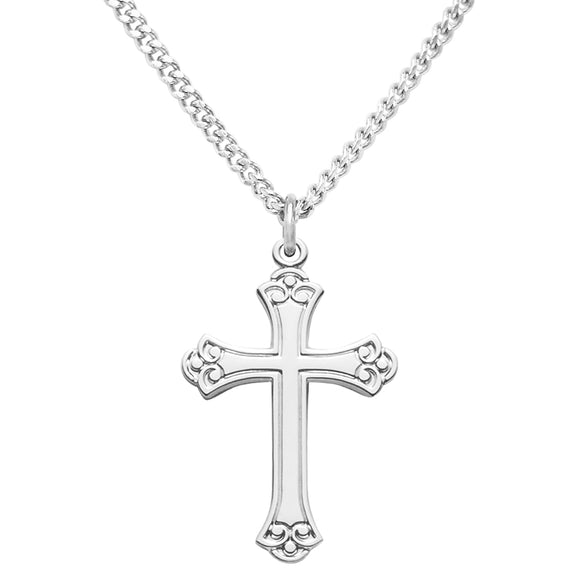 Sleek Sterling Silver Medium Fancy Cross Pendant Necklace, 18