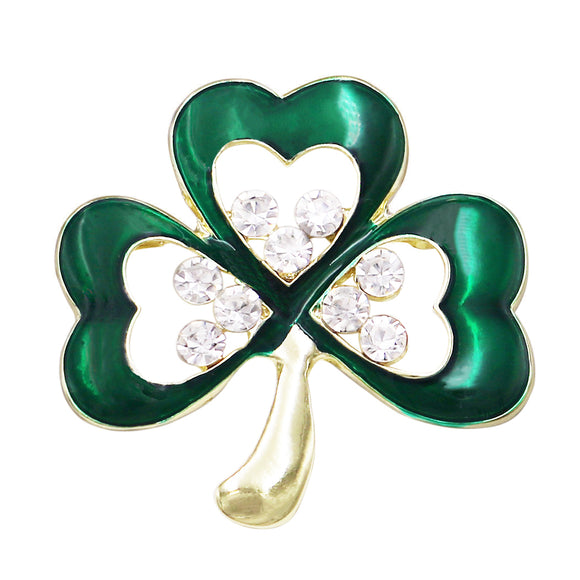 Stunning Green Enamel With Crystal Rhinestone Details Lucky Shamrock 3 Leaf Clover St Patrick's Day Irish Boutonniere Brooch Pin, 1.5