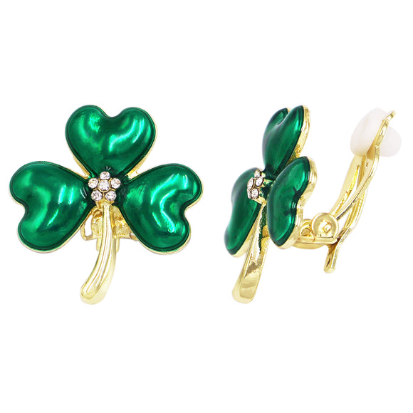 Lucky Shamrock 3 Leaf Clover St Patrick's Day Enamel With Crystal Rhinestone Center Clip On Earrings, 1