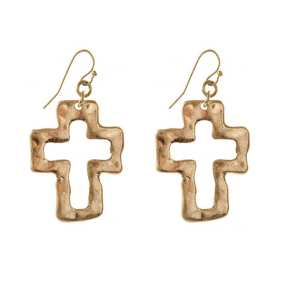 Outlined Gold Tone Western Style Matte Finish Hammered Metal Cross Religious Dangle Earrings, 1.75