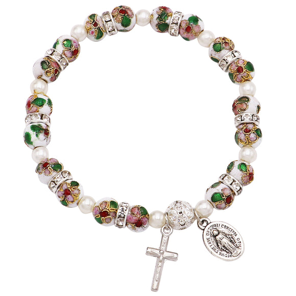 Cloisonné Beaded Stretch Rosary Bracelet with Crucifix and Miraculous Medal (See Available Colors)