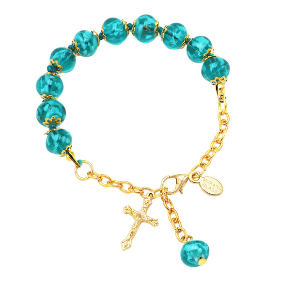 Marine Blue Genuine Murano Glass Sommerso Bead Gold Tone Rosary Bracelet Made in Italy, 7.25