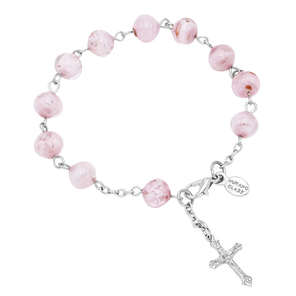 Women's Pink Genuine Murano Glass Sommerso Bead Silver Tone Rosary Bracelet Made In Italy, 8