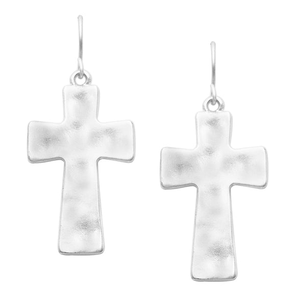Chic Western Style Matte Finish Hammered Metal Cross Religious Dangle Earrings, 1.75