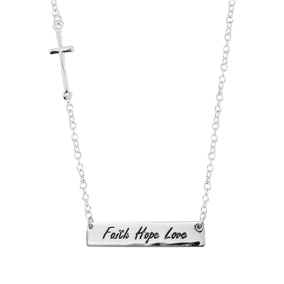 Stunning Silver Tone Inspirational Faith Hope Love Bar Pendant Engraved Necklace, 18