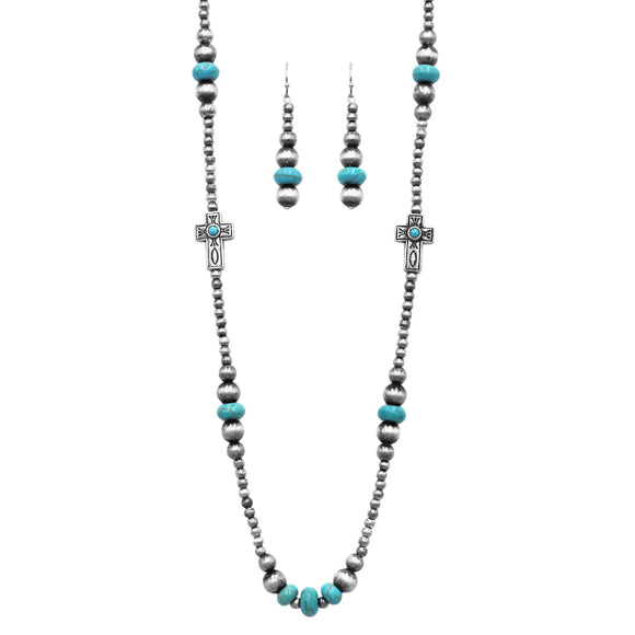Chic Western Charms On Metallic Silver Tone Pearls With Turquoise Howlite Beads Strand Necklace And Earrings Set, 36
