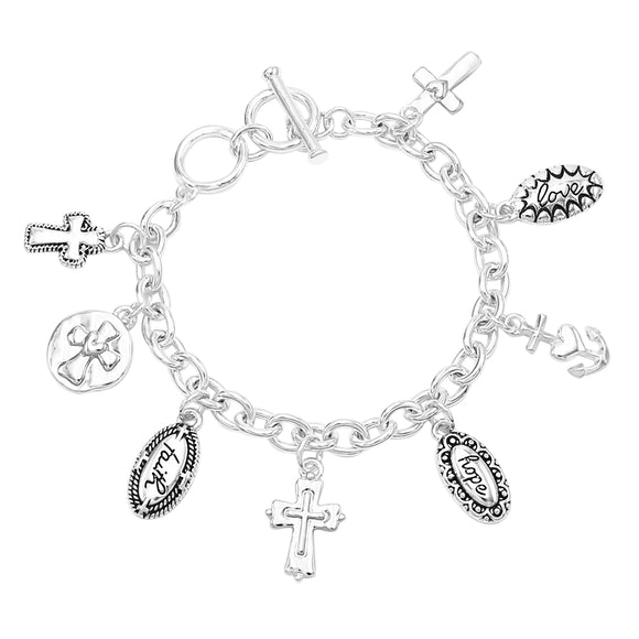 Inspirational Multiple Charms Crosses With Hope Faith Love Religious Toggle Clasp Bracelet, 7