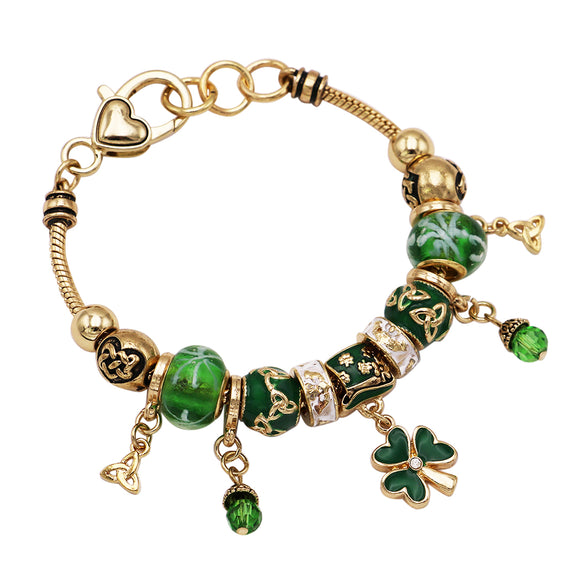 St. Patrick's Day Irish Shamrock Claddagh Glass Bead Charm Bracelet, 7-8