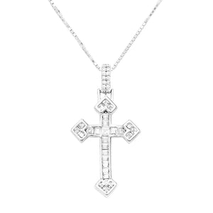Dainty Sterling Silver Box Chain With Adjustable Slide And Stunning Crystal Baguette Christian Cross Necklace Pendant, 22"