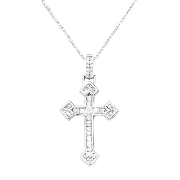 Dainty Sterling Silver Box Chain With Adjustable Slide And Stunning Crystal Baguette Christian Cross Necklace Pendant, 22