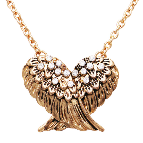 Vintage Vibes Burnished Gold Tone Crystal Rhinestone Embellished Angel Wings Pendant Necklace, 16