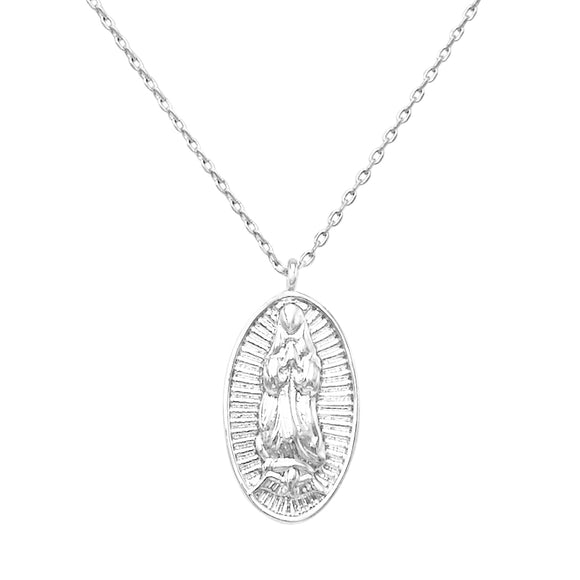 White Gold Dipped Our Lady of Guadalupe Pendant Necklace, 15.5