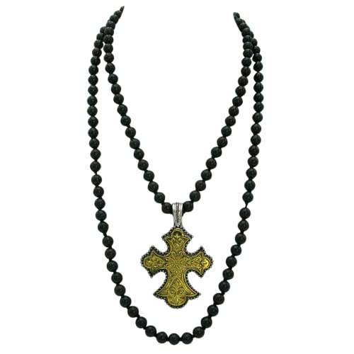 Rosemarie's Religious Gifts Women's Statement Two Tone Tone Metal Christian Cross Magnetic Pendant On Knotted 8mm Black Natural Howlite Bead Strand Necklace Earrings Gift Set, 48