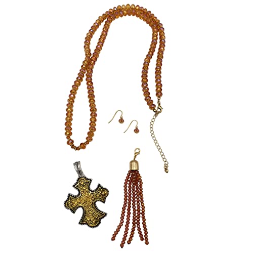 Rosemarie's Religious Gifts Women's Statement Two Tone Tone Metal Christian Cross Magnetic Pendant And Tassel On Golden Topaz 8mm Faceted Crystal Bead Strand Necklace Earrings Gift Set, 32