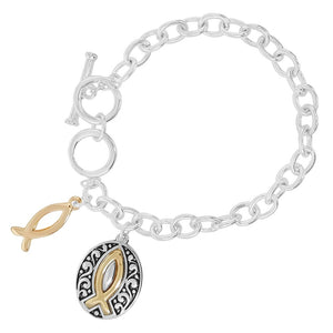 Rosemarie's Religious Gifts Women's Inspirational Religious Charms Toggle Clasp Bracelet, 7.5"-8" (Serenity Prayer With Christian Fish Charm)