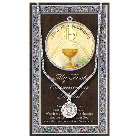 Religious Gift Round First Holy Communion Medal Pendant Necklace with Prayer Card, 18