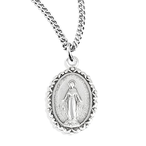 Sterling Silver Small Oval Miraculous Medal of Mary Pendant Necklace, 18