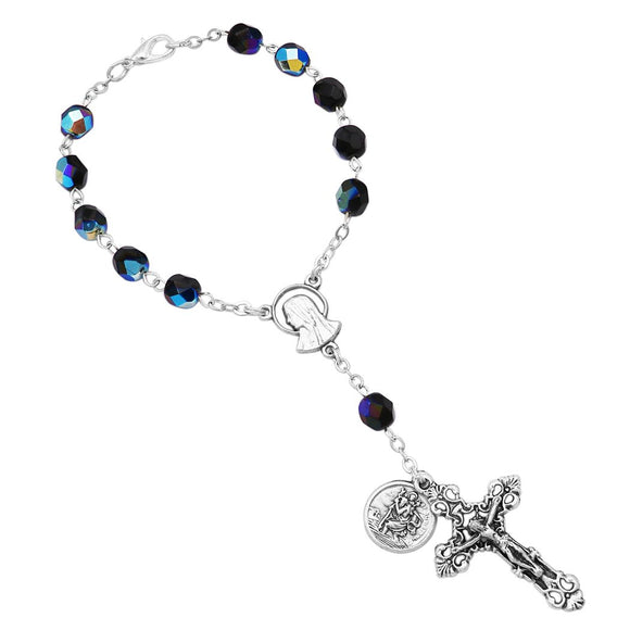 Black Glass Bead One Decade Car Rosary with Saint Christopher Medal