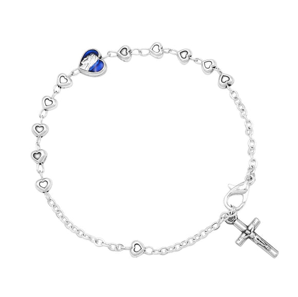 Dainty Silver Tone Heart Bead Rosary Bracelet with Crucifix Medal, 6.75