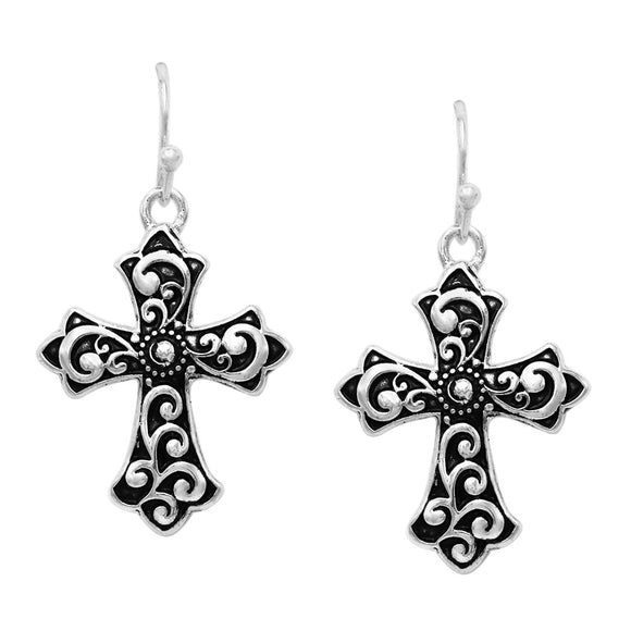 Decorative Metal Swirl Design Cross Religious Dangle Earrings, 1.5