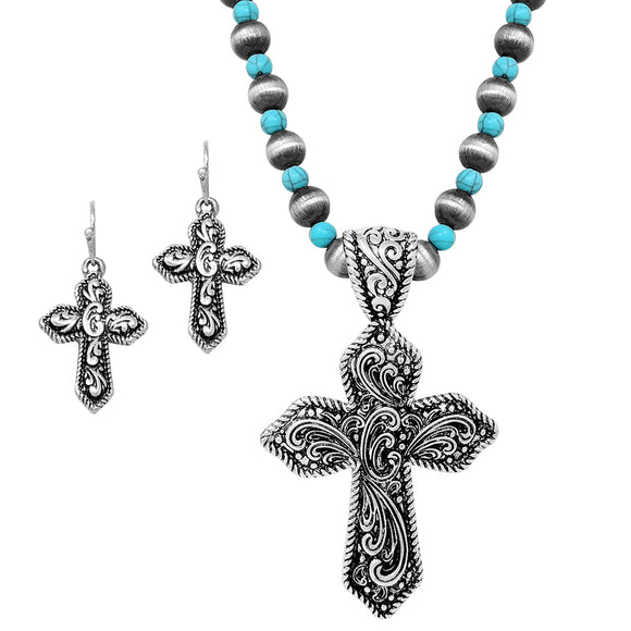 Chic Statement Cross Pendant On South Western Metallic Pearl And Semi Precious Howlite Stone Necklace Earrings Gift Set,18