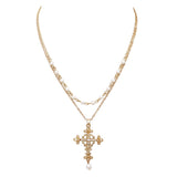 Christian Cross With Simulated Pearls Double Strand Gold Tone Chain Necklace,16"+3" Extension (Heart Center Cross)