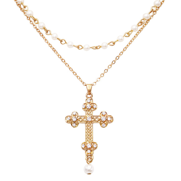 Christian Cross With Simulated Pearls Double Strand Gold Tone Chain Necklace,16