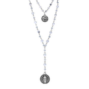 St Benedict Cross Medal Pendant Beaded 2-Strand Necklace (Silver Tone/White)