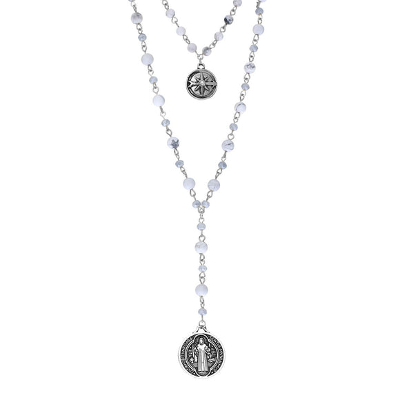 St Benedict Cross Medal Pendant Beaded 2-Strand Necklace (Silver Tone/White)
