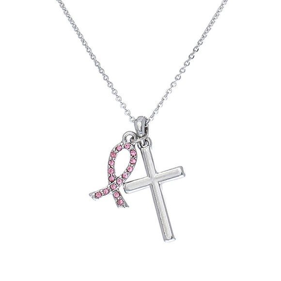 Women's Hope Breast Cancer Awareness Pink Crystal Ribbon and Cross Charm Necklace 22