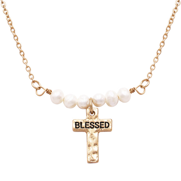Stunning Inspirational Religious Blessed Cross With Freshwater Pearls Pendant Necklace, 15