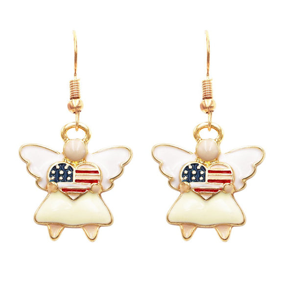 Women's Patriotic Angel With USA Flag Heart Enamel Earrings, 1.25