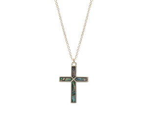 Stunning Abalone Shell Religious Cross Pendant Necklace, 18"+3" Extender (Gold Tone)