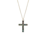 Stunning Abalone Shell Religious Cross Pendant Necklace, 18"+3" Extender (Gold Tone)