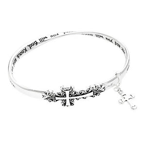 Classic Silver Tone Sideways Cross Religious Inspiration Twist Bangle Charm Bracelet, 2.5"