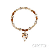 Floral Ceramic Heart Pendant Stretch Bracelet with Ceramic, Wood and Gold Toned Beads