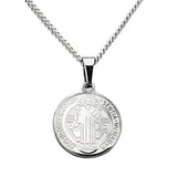 Stainless Steel Saint Benedict Double Sided Medallion Pendant Necklace on Curb Chain, 18"