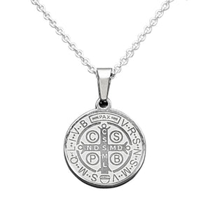 Stainless Steel Saint Benedict Double Sided Medallion Pendant Necklace on Sterling Silver Cable Chain with Adjustable Slide, 22"