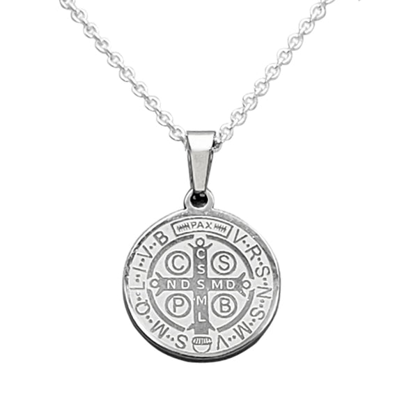 Stainless Steel Saint Benedict Double Sided Medallion Pendant Necklace on Sterling Silver Cable Chain with Adjustable Slide, 22