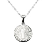 Stainless Steel Saint Benedict Double Sided Medallion Pendant Necklace on Sterling Silver Cable Chain with Adjustable Slide, 22"