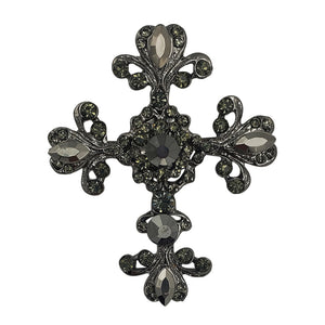 Vintage Vibes Crystal Rhinestone Christian Cross Brooch With Pendant Loop, 2.75 (Hematite Black Crystal Hematite Tone)