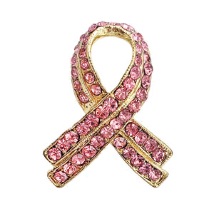 Charming Pink Ribbon Crystal Rhinestone Breast Cancer Awareness Lapel Pin Brooch 1.5" (Gold Tone)